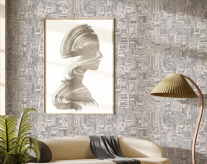 Skyscrapers Wall Art Wallpaper, New York City Buildings, Hand Drawn Black & White Modern Minimalist Home Decor