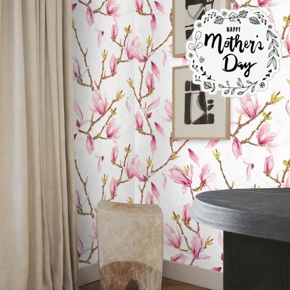 Magnolia flowers wallpaper, spring bloom wall art, cherry blossom pink floral mural
