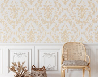 Vintage Grunge Damask Wallpaper, Yellow and White Victorian Home Decor for aesthetic room decor
