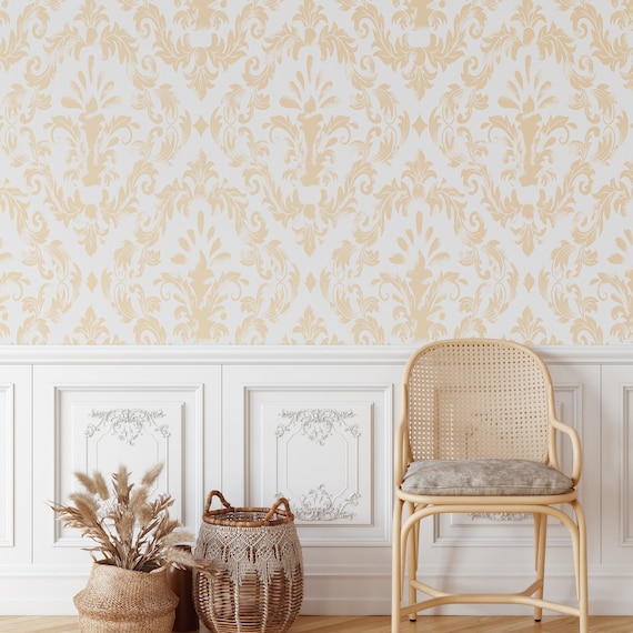 Vintage Grunge Damask Wallpaper, Yellow and White Victorian Home Decor for aesthetic room decor
