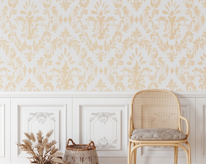 Vintage Grunge Damask Wallpaper, Yellow and White Victorian Home Decor for aesthetic room decor