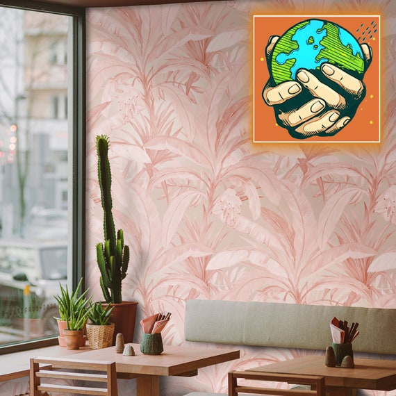 Add a Touch of Tropical Charm with this Pink Banana Leaf Wallpaper - Perfect for a Stylish and Feminine Look!