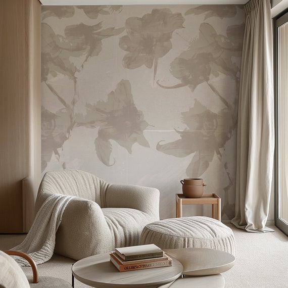 Modern Abstract Floral Wallpaper - Soft Beige Elegant Wall Decor for Chic Contemporary Homes & Interior Design Accent