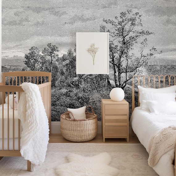 Vintage Engraved Landscape Wallpaper | Black and White Forest Scene Mural | Antique Etching Wall Art | Eco-Friendly & Removable