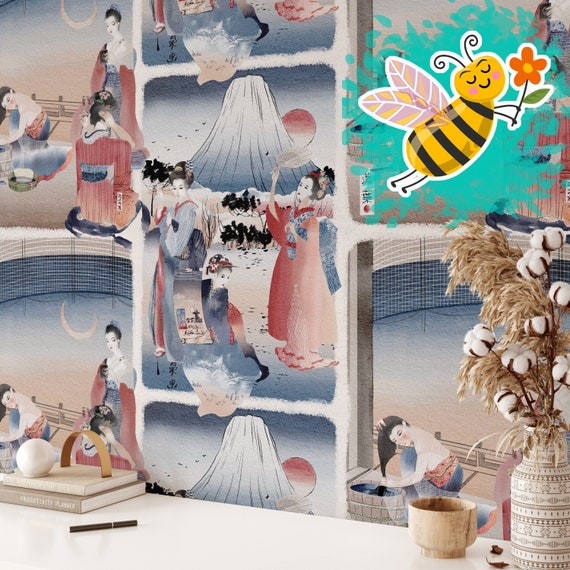 Japanese Geisha Wallpaper, Chinoiserie Panel Vintage Wall Decor, Japandi Decor Wall Art