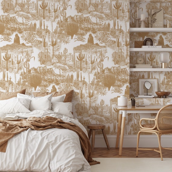Boho Cactus Wallpaper: Vintage Western Landscape Wall Art for Chic, Rustic Interiors, Cactus Landscape Boho Wallpaper,