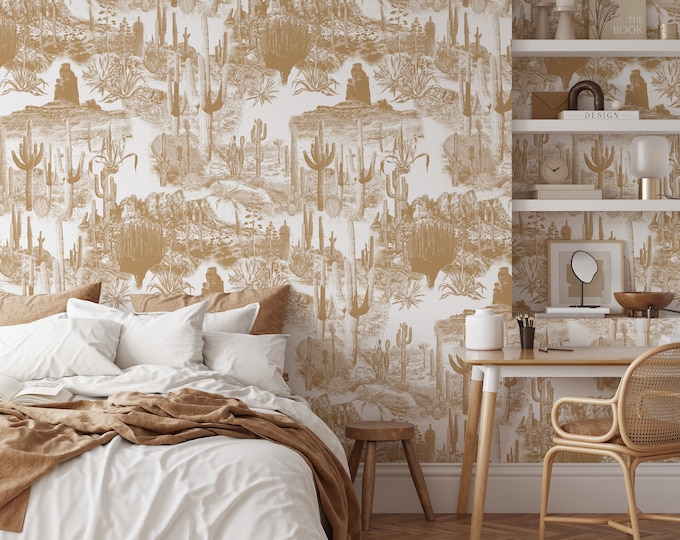 Boho Cactus Wallpaper: Vintage Western Landscape Wall Art for Chic, Rustic Interiors, Cactus Landscape Boho Wallpaper,