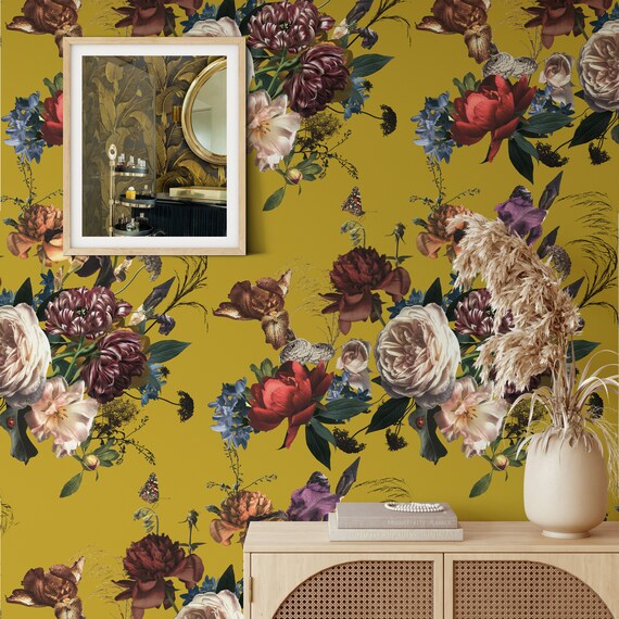 Mustard Yellow Background Flemish Style Floral Wallpaper - Elegant and Timeless Wall Decor for a Vibrant Statement