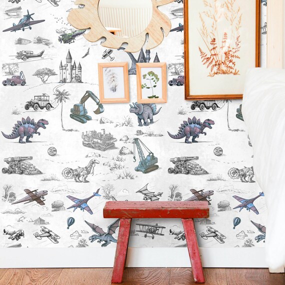 Adventure Awaits Wallpaper: Vintage Planes & Mechanical Dinosaurs, Whimsical World Wallpaper, Steam Punk Kid's Room