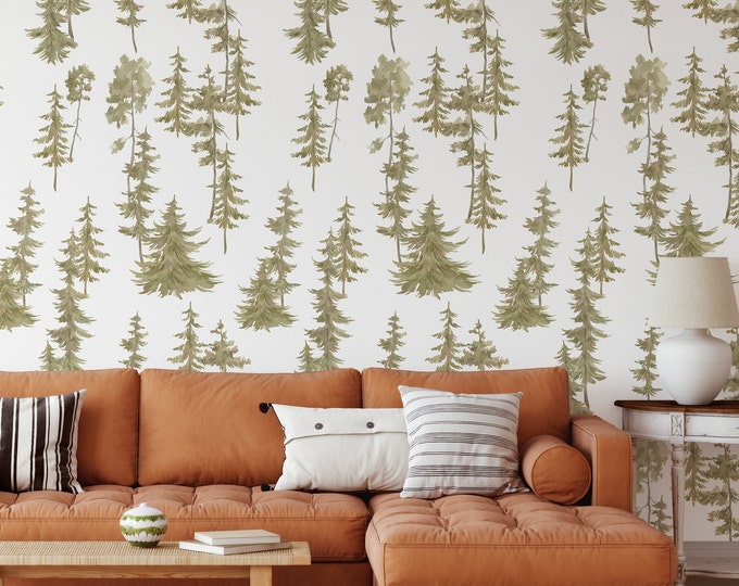 Green Wood with Watercolor Pines Forest Wallpaper, Wild Nature Trees Wall Decor, Woodland Wall Art