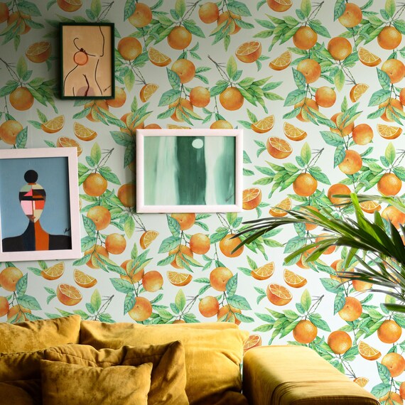 Watercolor Oranges Wallpaper - Orange Floral Wall Mural for Italian Kitchen Decor & Citrus Theme Accent Wall