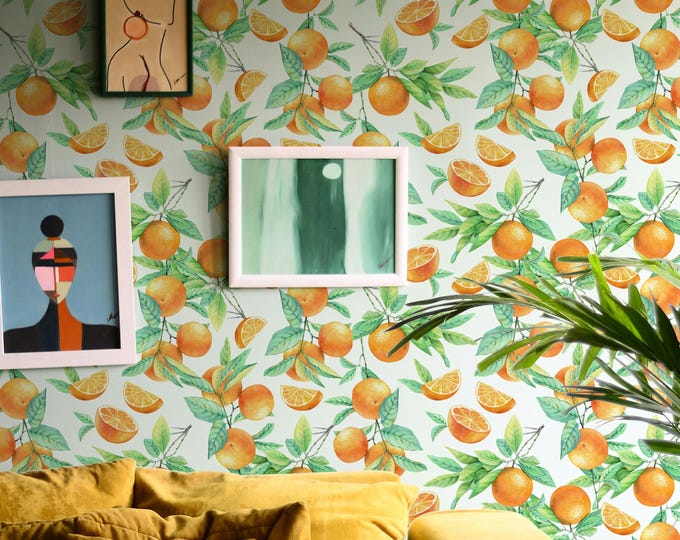 Watercolor Oranges Wallpaper - Orange Floral Wall Mural for Italian Kitchen Decor & Citrus Theme Accent Wall