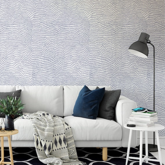 Blue and White Sketched Line Minimal wallpaper, Minimal Line dotted Abstract Wall Decor