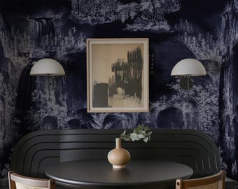 Navy Asian Mural Wallpaper – Dramatic Dark Landscape with Mountains & Pine Trees Wall Decor