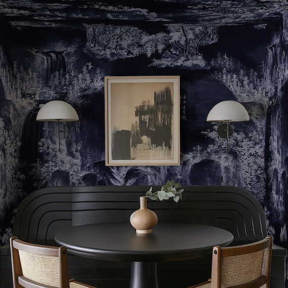 Navy Asian Mural Wallpaper – Dramatic Dark Landscape with Mountains & Pine Trees Wall Decor