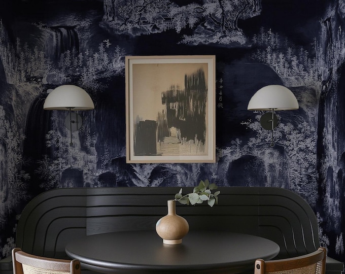 Navy Asian Mural Wallpaper – Dramatic Dark Landscape with Mountains & Pine Trees Wall Decor