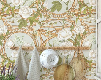Art Nouveau Rose Wallpaper, White Roses Gold Trellis Vintage Floral Decor, Elegant Botanical Wall Art Eco-Friendly Paper