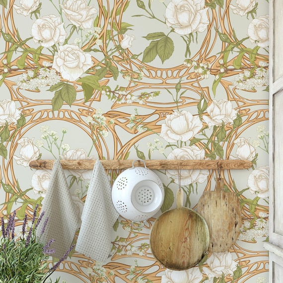Art Nouveau Rose Wallpaper, White Roses Gold Trellis Vintage Floral Decor, Elegant Botanical Wall Art Eco-Friendly Paper
