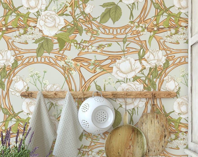 Art Nouveau Rose Wallpaper, White Roses Gold Trellis Vintage Floral Decor, Elegant Botanical Wall Art Eco-Friendly Paper