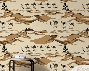 Camel Train in Sand Dune Desert Wallpaper, Camels Caravan Sahara Wall Art, Desert Landscape Wall Decor