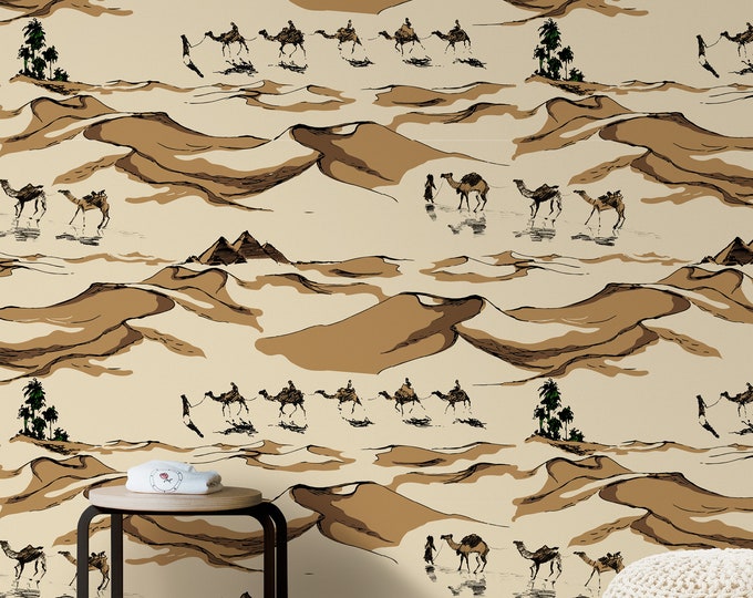 Camel Train in Sand Dune Desert Wallpaper, Camels Caravan Sahara Wall Art, Desert Landscape Wall Decor