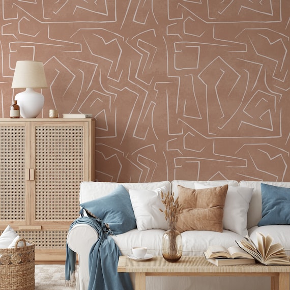 Salmon Cream Soft Grunge Removable Wall Paper in Boho Color Palette, Graffiti Wall Decor Danish Pastel Tones