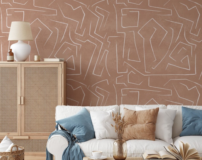 Salmon Cream Soft Grunge Removable Wall Paper in Boho Color Palette, Graffiti Wall Decor Danish Pastel Tones