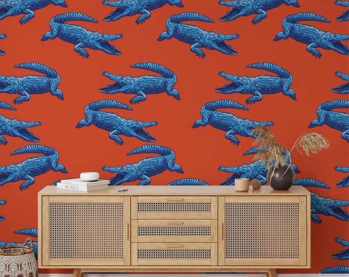 Orange Whimsical Crocodiles Wallpaper, Funky Wall Decor