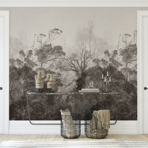 Carta da Parati Vintage Foresta, Paesaggio in Stile Classico, Alberi, Murale Forestale in Tono Seppia