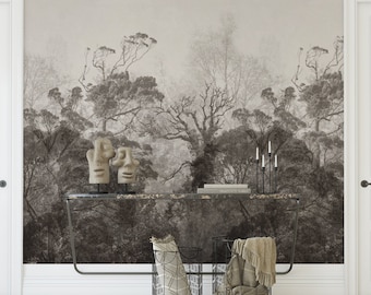 Vintage Forest Wallpaper, Landscape in Classic Old Style Trees Wallpaper, Sepia Forest Wall Mural