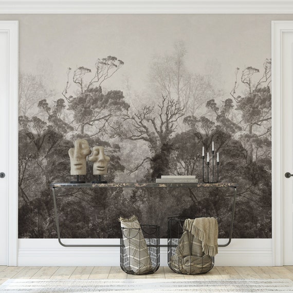 Vintage Forest Wallpaper, Landscape in Classic Old Style Trees Wallpaper, Sepia Forest Wall Mural