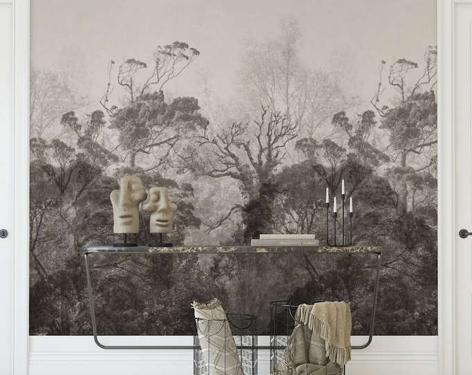 Vintage Forest Wallpaper, Landscape in Classic Old Style Trees Wallpaper, Sepia Forest Wall Mural