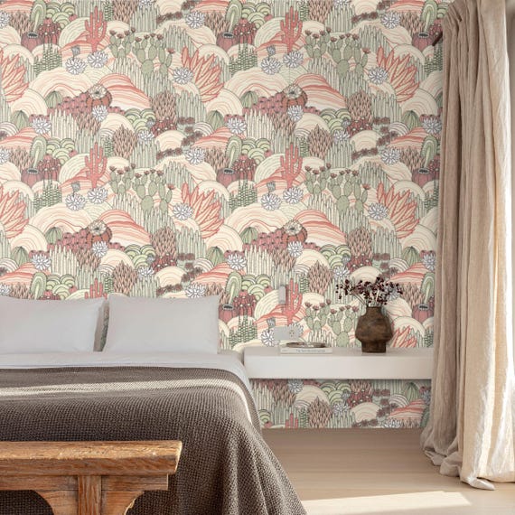 Desert Floral Cactus Wallpaper, Blush and Ochre Wall Art for Boho Decor
