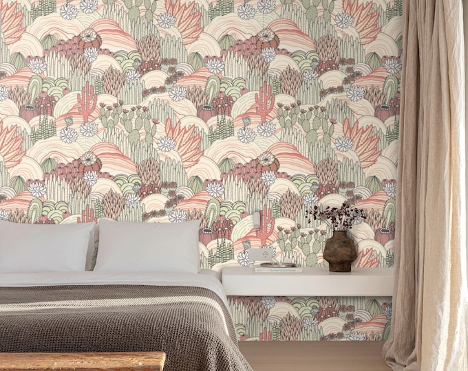 Desert Floral Cactus Wallpaper, Blush and Ochre Wall Art for Boho Decor
