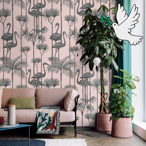 Pink Flamingo Wallpaper, Tropical Birds Vintage Wallpaper, Dramatic Wall Covering