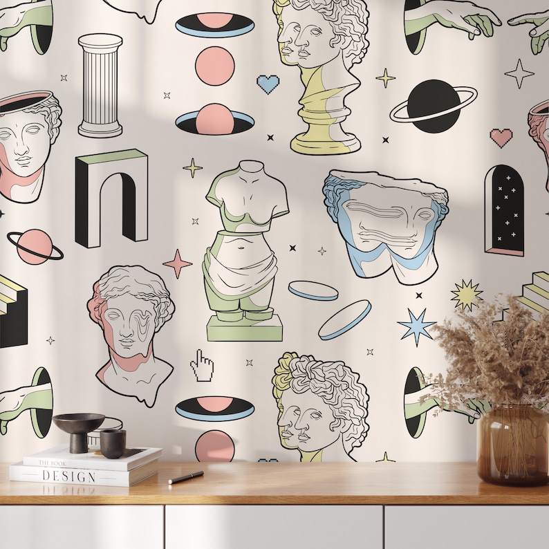 May include: A white background with a repeating pattern of various geometric shapes, including stars, circles, and arches. The pattern also includes illustrations of classical sculptures, including busts and statues. The colors used are pastel pink, blue, green, and yellow.