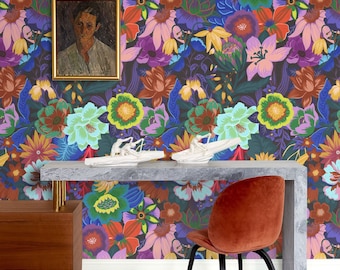 Dark Scandinavian Funky Floral Wallpaper, Colorful Floral temporary wall art, Whimsical Indie room decor