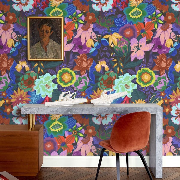 Dark Floral Wallpaper, Colorful Scandinavian Botanical Decor, Whimsical Funky Floral Maximalist Wall Art