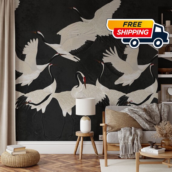Black Heron Print Wallpaper, Crane Wallpaper, Removable Wallpaper, Elegant Crane Dance Wallpaper, Graceful Bird Design