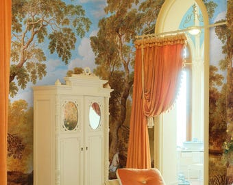 Golden Landscape Wallpaper – Classic Pastoral Painting Mural with Figures, Real Eco Paper, Pre-Cut Italian Sheets