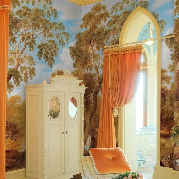 Golden Landscape Wallpaper – Classic Pastoral Painting Mural with Figures, Real Eco Paper, Pre-Cut Italian Sheets