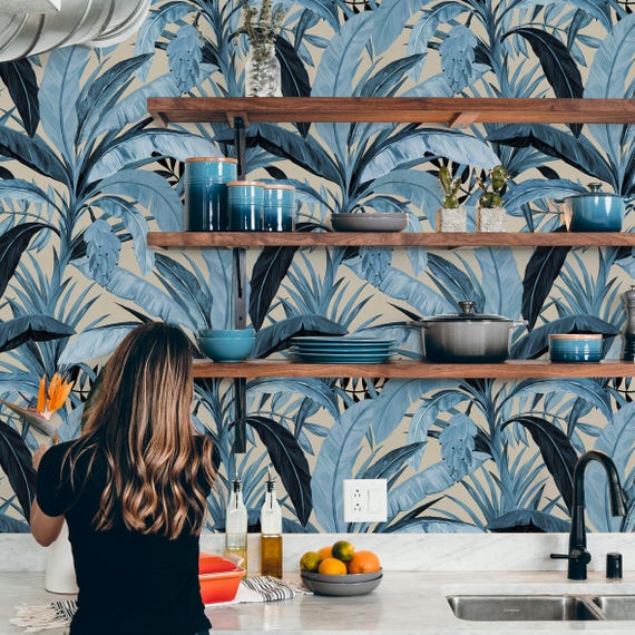 Aesthetic Light Blue Jungle Wallpaper, Banana Leaves Wall Decore for Cobalt Blue Decor