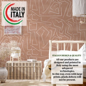 May include: A close-up of a peach-colored wall with a white abstract pattern. The text "MADE IN ITALY" is visible in the upper left corner of the image. The text "ITALIAN DESIGN & QUALITY" is visible in the lower right corner of the image. The text below reads: "All our products are designed and printed in Italy using the most advanced technologies. In this way, even with large prints, pixels defects will not be present."
