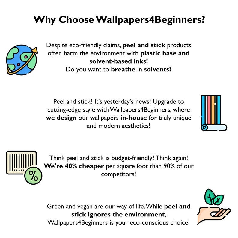 May include: A graphic with the text "Why Choose Wallpapers4Beginners?" and several illustrations. The illustrations include a globe, a roll of wallpaper, a bar graph with a percentage sign, and a hand holding a green leaf. The text "We're 40% cheaper per square foot than 90% of our competitors!" is also included.
