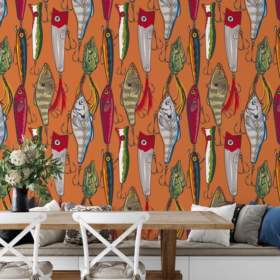 Fishing Hook Wallpaper, Fisherman Catching Fish Wall Art, Fishing Lures Wall Decor