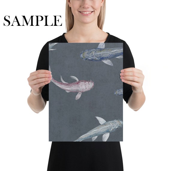 Dark Koi Print Wallpaper Feng Shui Japanese Art Fishes Etsy