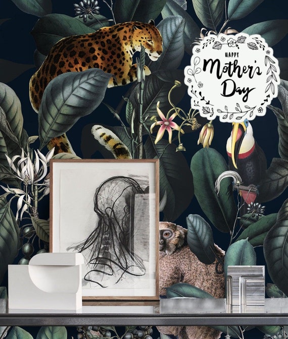 Create an Enchanting Tropical Night in Your Space with Our Jaguar and Monkey Wallpaper | Stunning Jungle Floral Design