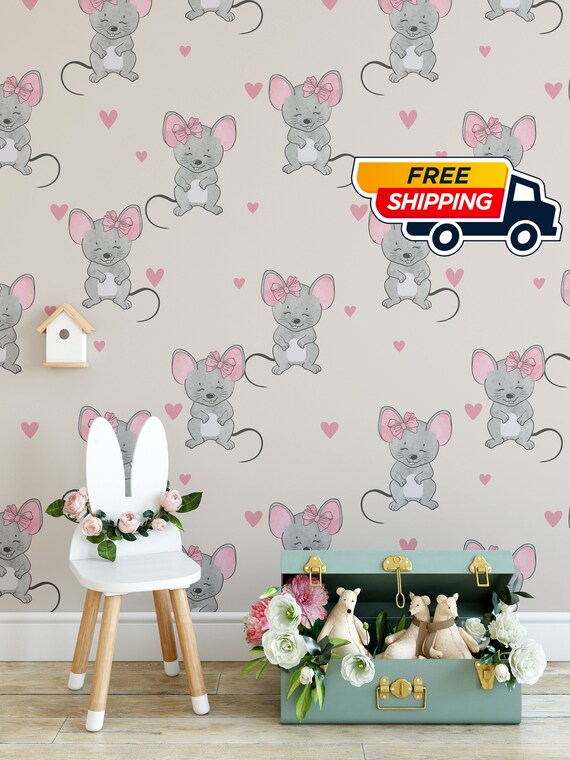 Little Mouse Pink watercolor Nursery wallpaper, Cute Mouses wall decor in Pastel Palette