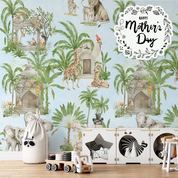 Safari Wallpaper with Wild Animal, Baby room nursery African Forest Wall Decoration, Exotic Animals Wall Art