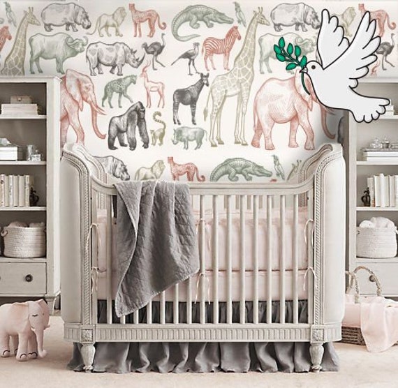 Wild Animal Nursery Wallpaper, Neutral Tones Kids Room Decor, Shabby Chic Boho Wall Art